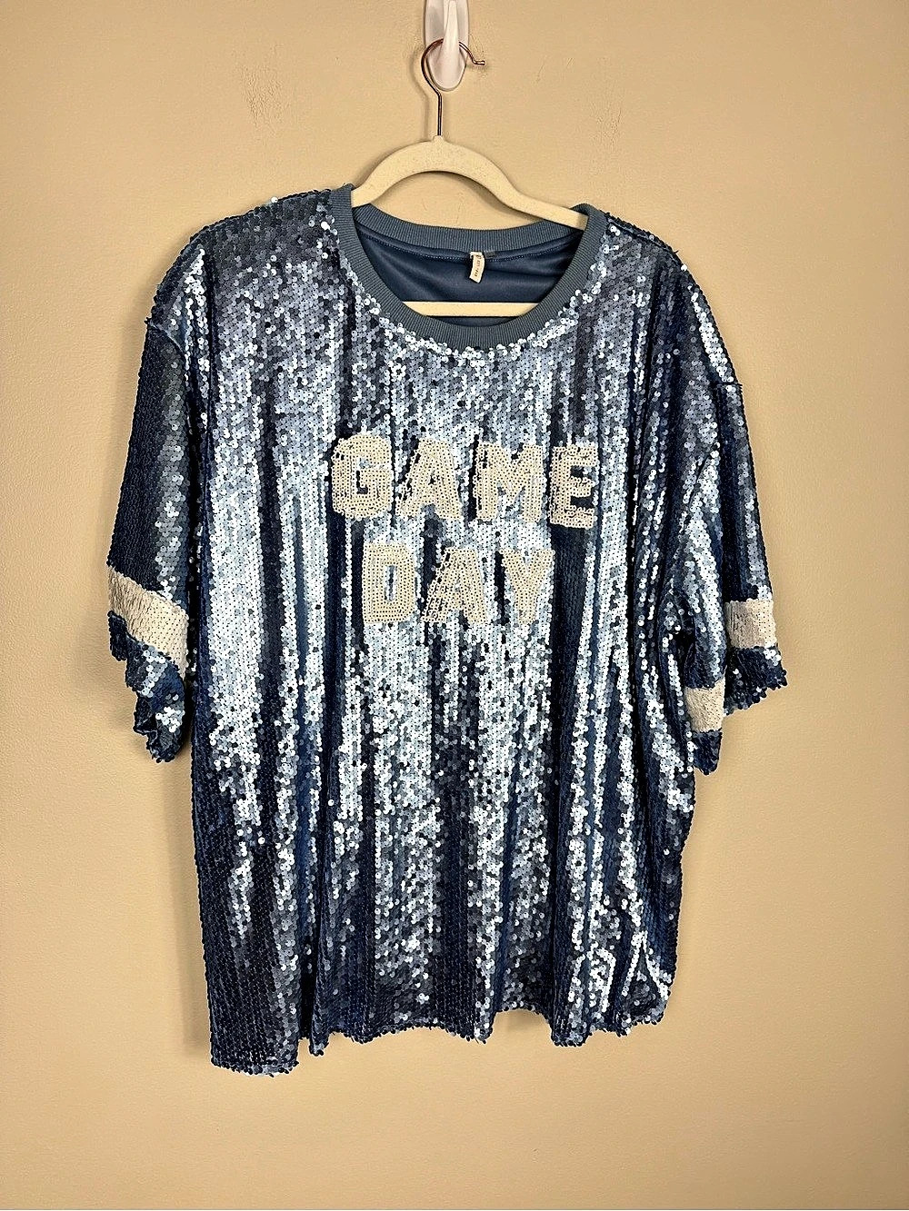 Game Day Sequin Top Women 18 Blue Silver Cropped Sporty Glam Game Shirt Football